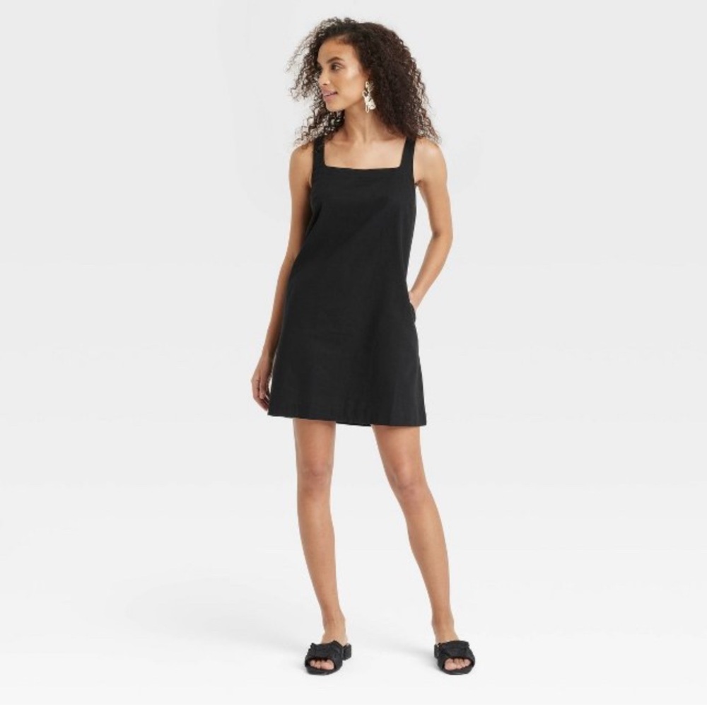 A New Day Black Tank Mini Shift Dress Cotton Linen Blend, XS